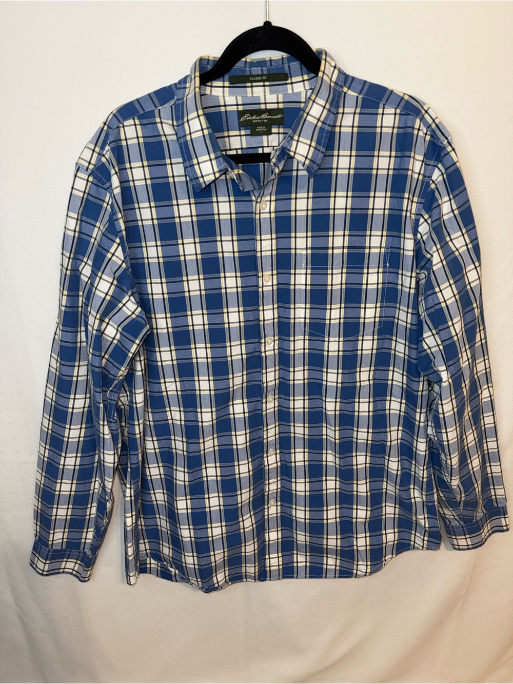 Eddie Bauer Blue Yellow Plaid Button-Up Shirt Large Cotton Casual Chest Pocket